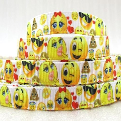 Ruban gros grain imprimé, tête sourire coeur, ton jaune, 10 mm, vendu par 50 cm