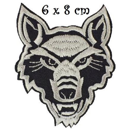 Écusson patch thermocollant, tête de loup, gris et noir ** 6 x 8 cm ** applique à repasser