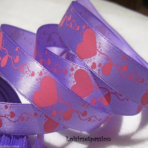 Ruban satin imprimé,  ballon de coeurs rose fond lilas ** 16 mm ** vendu par 50 cm