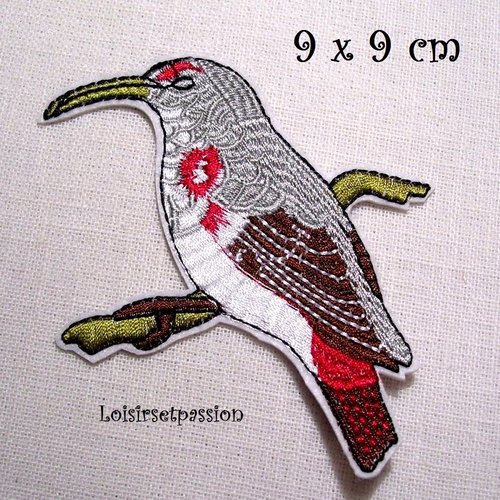Écusson patch - oiseau gris colibri ** 9 x 9 cm ** applique brodée thermocollante
