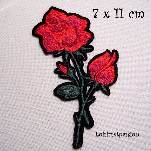 Écusson patch - fleur tige rose rouge ** 7 x 11 cm ** applique brodée thermocollante - c5557