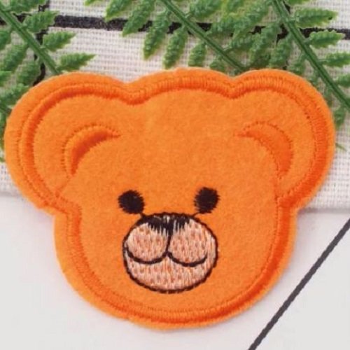 Écusson patch thermocollant, tête ourson / orange ** 5,5 x 4,5 cm ** applique à repasser