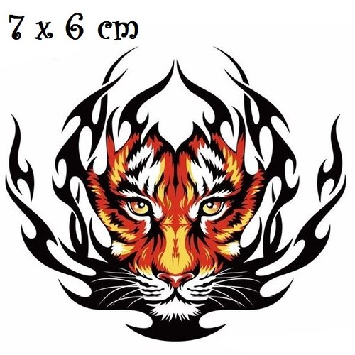 Patch applique, dessin transfert thermocollant, tête de lion tigre, feu flamme, 7 x 6 cm, sérigraphie à repasser - t127