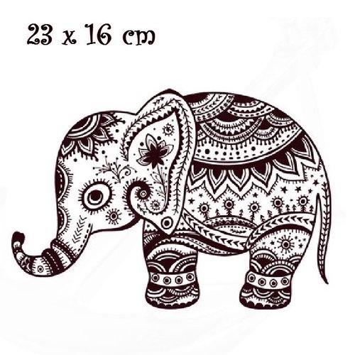 Grand patch applique, dessin transfert thermocollant, éléphant dessin mandala blanc marron, 23 x 16 cm, sérigraphie à repasser - t963