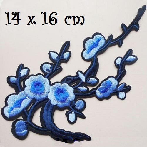 Applique patch écusson thermocollant - branche fleur de cerisier / bleu marine ** 14 x 16 cm ** applique à repasser - c151