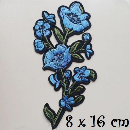 Applique patch écusson thermocollant - tige fleurie / bleu ** 8 x 16 cm ** applique à repasser - c128