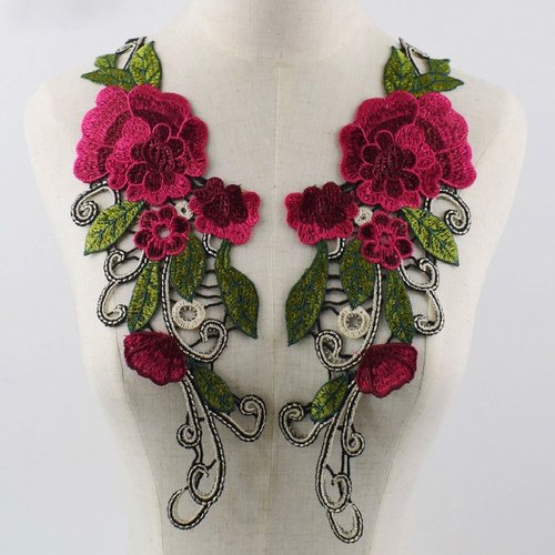 Lot de 2 appliques brodées symétriques, fleur rose fuchsia, arabesque beige ** 12 x 35 cm ** acd90