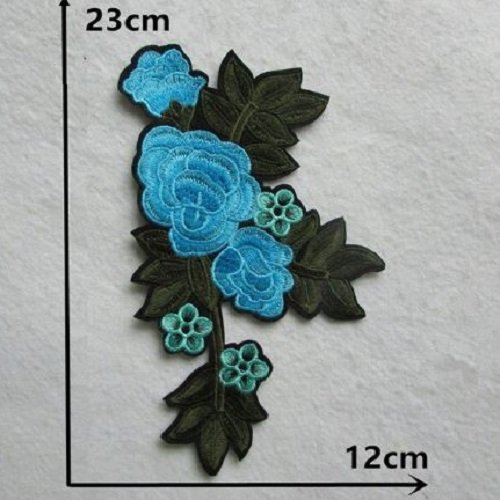 Écusson patch, tige fleurie / bleu ** 12 x 23 cm ** applique brodée thermocollante - c6290