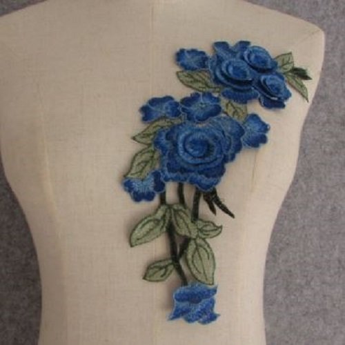 Applique brodée, bleu, fleur rose 3d et feuille, 12 x 29 cm , patch à coudre - acd33