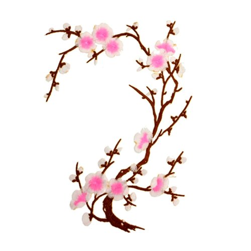 Grand écusson patch, branche fleurs de cerisier, blanc rose ** 12 x 38 cm ** applique brodée thermocollante - acd92