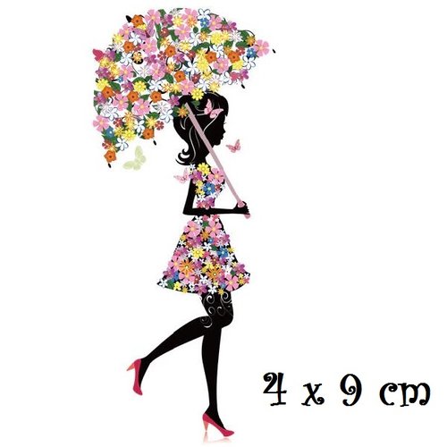 Patch applique, dessin transfert thermocollant, fille robe parapluie ombrelle fleuri ** 4 x 9 cm ** sérigraphie à repasser - t139