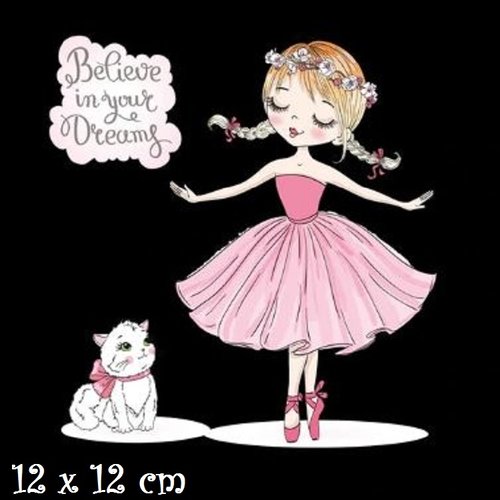 Patch applique, dessin transfert thermocollant, petite fille, danseuse rose, chat ** 12 x 12 cm ** sérigraphie à repasser - t958