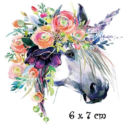 Patch applique, dessin transfert thermocollant, tête cheval licorne fleurie ** 6 x 7 cm ** sérigraphie à repasser - t957
