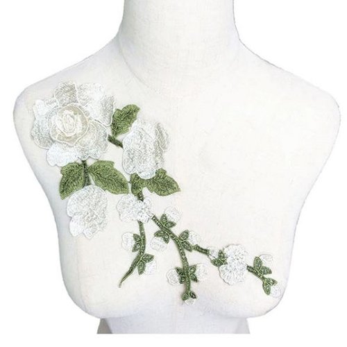 Grande applique fleur 3d brodée - blanc ** 13 x 30 cm ** fleur rose et feuille - acd46 