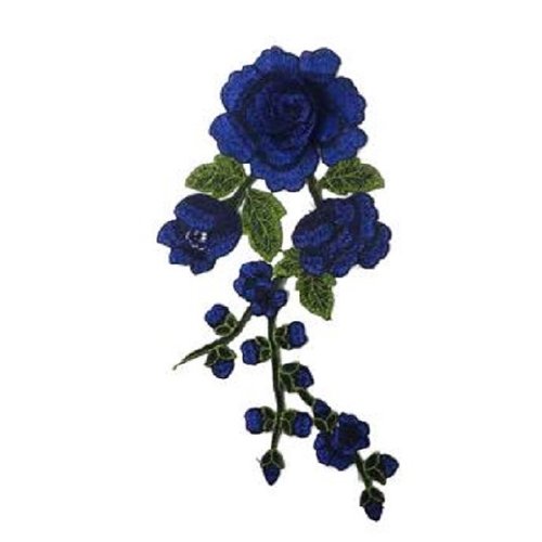 Grande applique fleur 3d brodée - bleu roi ** 13 x 30 cm ** fleur rose et feuille - acd46 