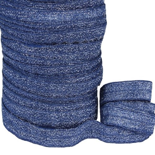 Ruban biais élastique brillant scintillant - 370 / bleu marine argenté ** 16 mm ** galon lurex foe - vendu par 50 cm