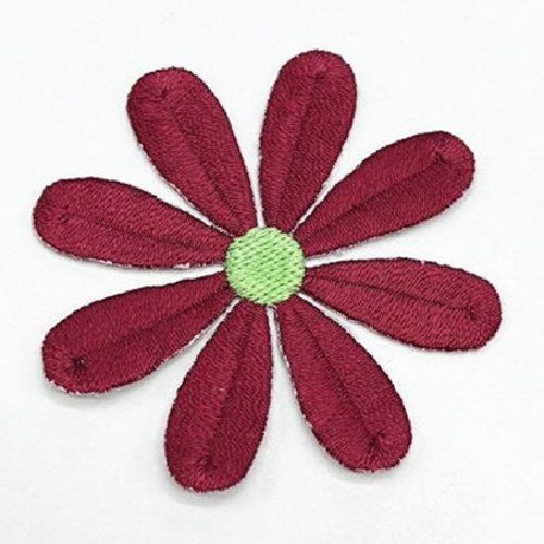 Écusson patch thermocollant - fleur 8 pétales, coeur vert / bordeaux ** 5,5 x 5,5 cm ** applique à repasser