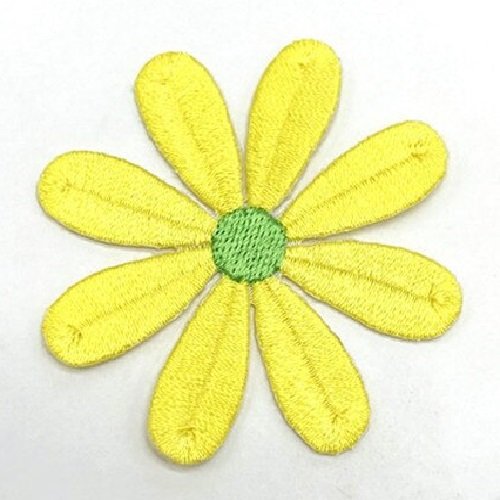 Écusson patch thermocollant - fleur 8 pétales, coeur vert / jaune ** 5,5 x 5,5 cm ** applique à repasser