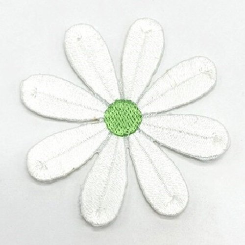 Écusson patch thermocollant - fleur 8 pétales, coeur vert / blanc ** 5,5 x 5,5 cm ** applique à repasser