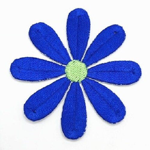 Écusson patch thermocollant - fleur 8 pétales, coeur vert / bleu roi ** 5,5 x 5,5 cm ** applique à repasser