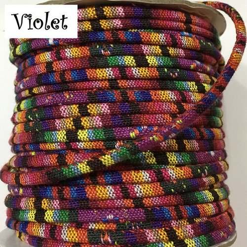 Cordon rond spaghetti coton motifs incas ethnique liberty / violet ** 4 mm ** couture bijou tresse cheveux - vendu par 50 cm