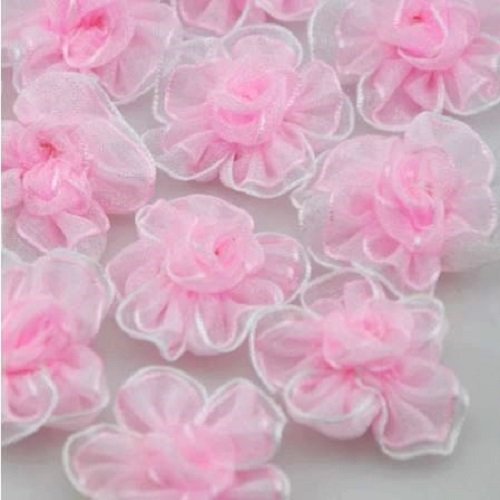 Applique fleur 2 tons, bicolore en ruban voile organza / rose ** 30 mm ** à coudre ou à coller, vendu à l'unité - f17