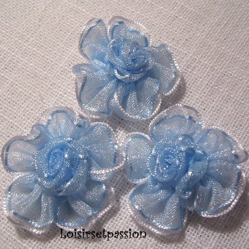 Applique fleur 2 tons, bicolore en ruban voile organza / bleu ** 30 mm ** à coudre ou à coller, vendu à l'unité - f17