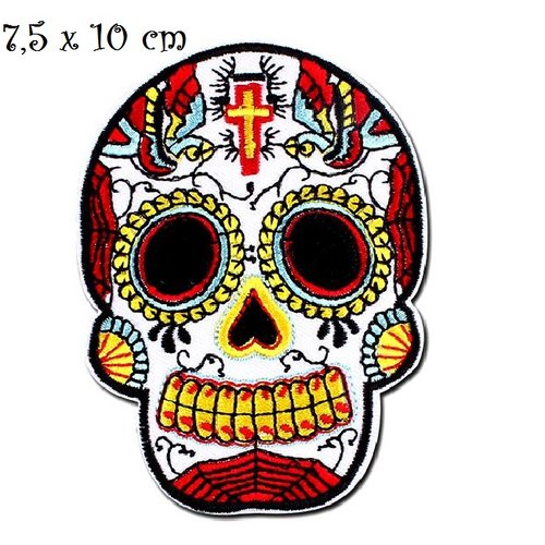 Patch écusson thermocollant - tête de mort, crane croix ton jaune rouge ** 7,5 x 10 cm ** applique à repasser