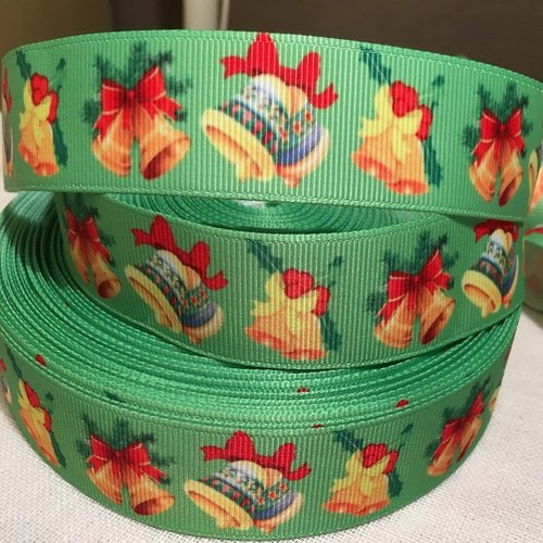 Ruban gros grain imprimé, cloches de noël, ruban rouge, fond vert ** 25 mm ** vendu par 50 cm