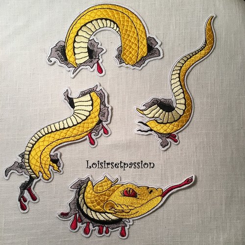 Écusson patch - serpent jaune ocre en 4 morceaux ** env 25 x 25 cm ** applique brodée thermocollante