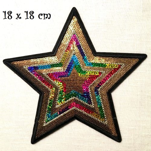 Écusson patch - grande étoile sequin doré multicolore ** 18 x 18 cm ** applique brodée thermocollant - à repasser