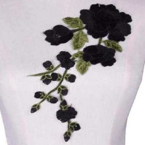 Grande applique fleur 3d brodée - noir ** 13 x 30 cm ** fleur rose et feuille - acd46 