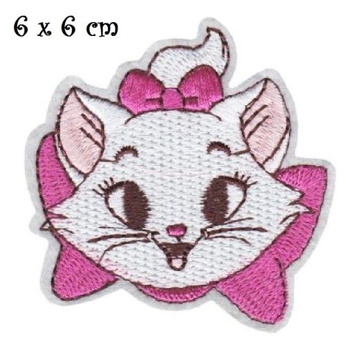 Applique patch écusson thermocollant, tête chat blanc noeud rose ** 6 x 6 cm ** applique à repasser