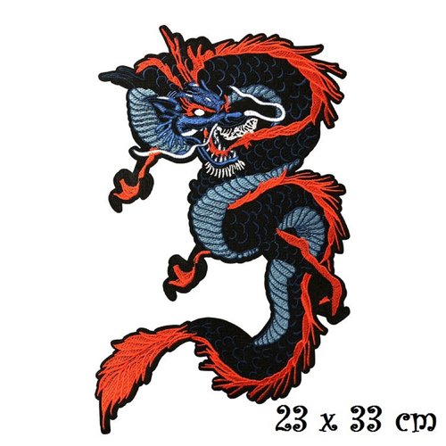 Grand écusson - dragon rouge bleu ** 23 x 33 cm ** patch brodé thermocollant - applique à repasser