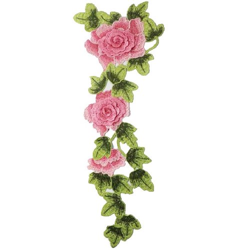 Grande applique dentelle / rose clair ** 15 x 41 cm ** fleur feuille brodée 3d - acd01 