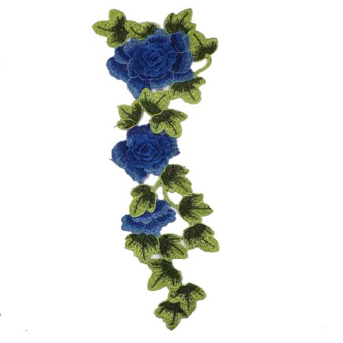 Grande applique dentelle / bleu ** 15 x 41 cm ** fleur feuille brodée 3d - acd01 