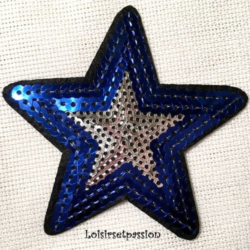 Écusson patch thermocollant - étoile bicolore sequin / bleu argent ** 8 x 8 cm ** applique brodée à repasser