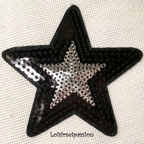 Écusson patch thermocollant - étoile bicolore sequin / noir argent ** 8 x 8 cm ** applique brodée à repasser