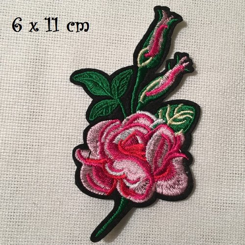Écusson patch - fleur rose fuchsia ** 6 x 11 cm ** applique brodée thermocollante - c116