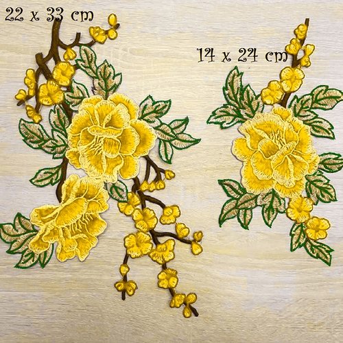 Lot de 2 appliques brodées assorties, fleurs brodées / jaune ** 22 x 33 cm et 14 x 24 cm ** acd93
