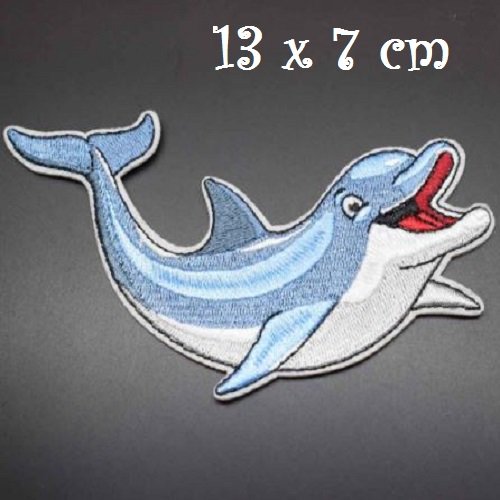 Écusson patch brodé thermocollant - grand poisson dauphin bleu blanc ** 13 x 7 cm ** applique à repasser