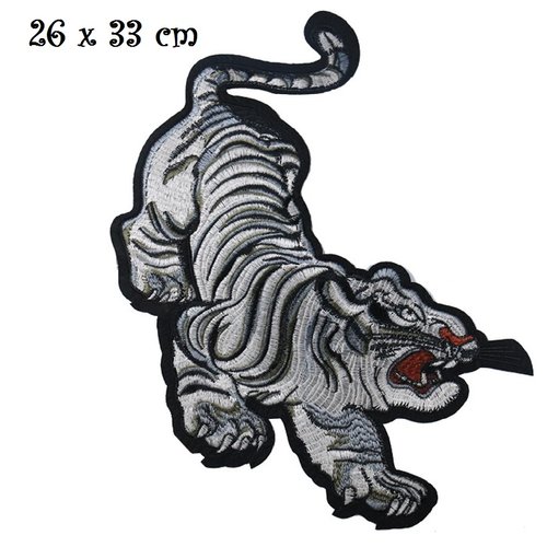 Grand écusson - tigre blanc grisé ** 26 x 33 cm ** patch brodé thermocollant - applique à repasser