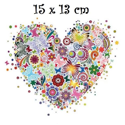 Patch applique, dessin transfert thermocollant, coeur fleurs et papillons ** 15 x 13 cm ** sérigraphie à repasser - t955