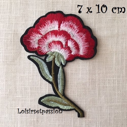 Écusson patch thermocollant - fleur rouge blanc ** 7 x 10 cm ** applique brodée à repasser - c122