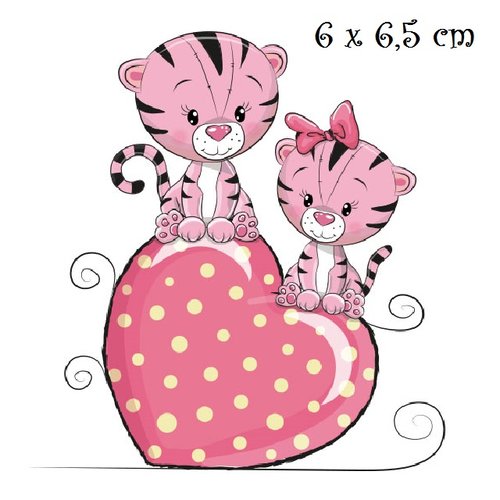 Patch applique, dessin transfert thermocollant, chat tigré rose sur coeur ** 6 x 6,5 cm ** sérigraphie à repasser - t180