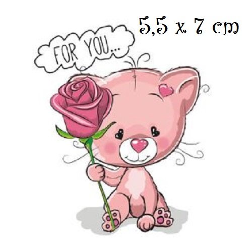 Patch applique, dessin transfert thermocollant, petit chaton, fleur rose ** 5,5 x 7 cm ** sérigraphie à repasser - t192