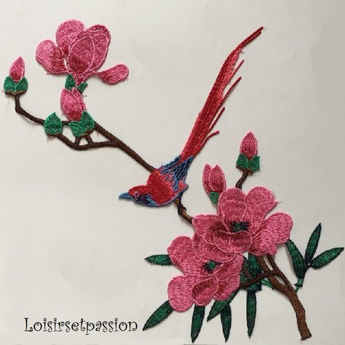 Applique brodée fleur et oiseau / rose ** 32 x 28 cm ** patch à coudre - acd121