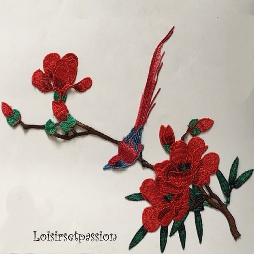 Applique brodée fleur et oiseau / rouge ** 32 x 28 cm ** patch à coudre - acd121