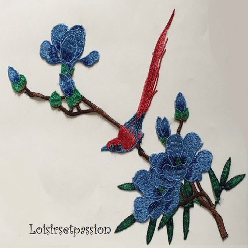 Applique brodée fleur et oiseau / bleu ** 32 x 28 cm ** patch à coudre - acd121