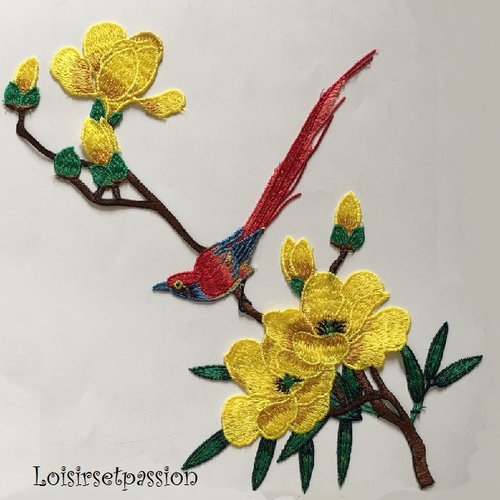 Applique brodée fleur et oiseau / jaune ** 32 x 28 cm ** patch à coudre - acd121